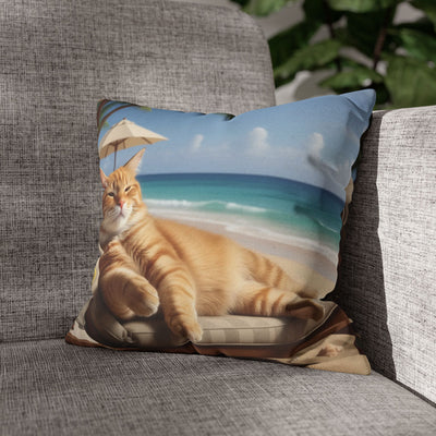 Relaxing Cat Beach Pillowcase - Cozy Spun Polyester Decorative Pillowcase for Cat Lovers