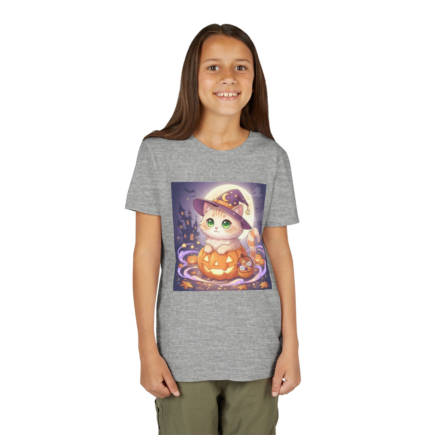 Halloween cute kitten anime style 4 Unisex Youth Tee | T-Shirt, Cute Pumpkin Shirt, Kids Halloween Outfit, Cat Lover Gift, Fun Fall Apparel