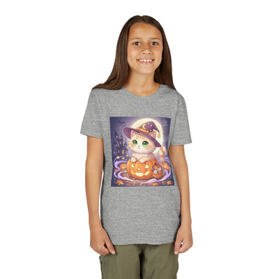 Halloween cute kitten anime style 4 Unisex Youth Tee | T-Shirt, Cute Pumpkin Shirt, Kids Halloween Outfit, Cat Lover Gift, Fun Fall Apparel