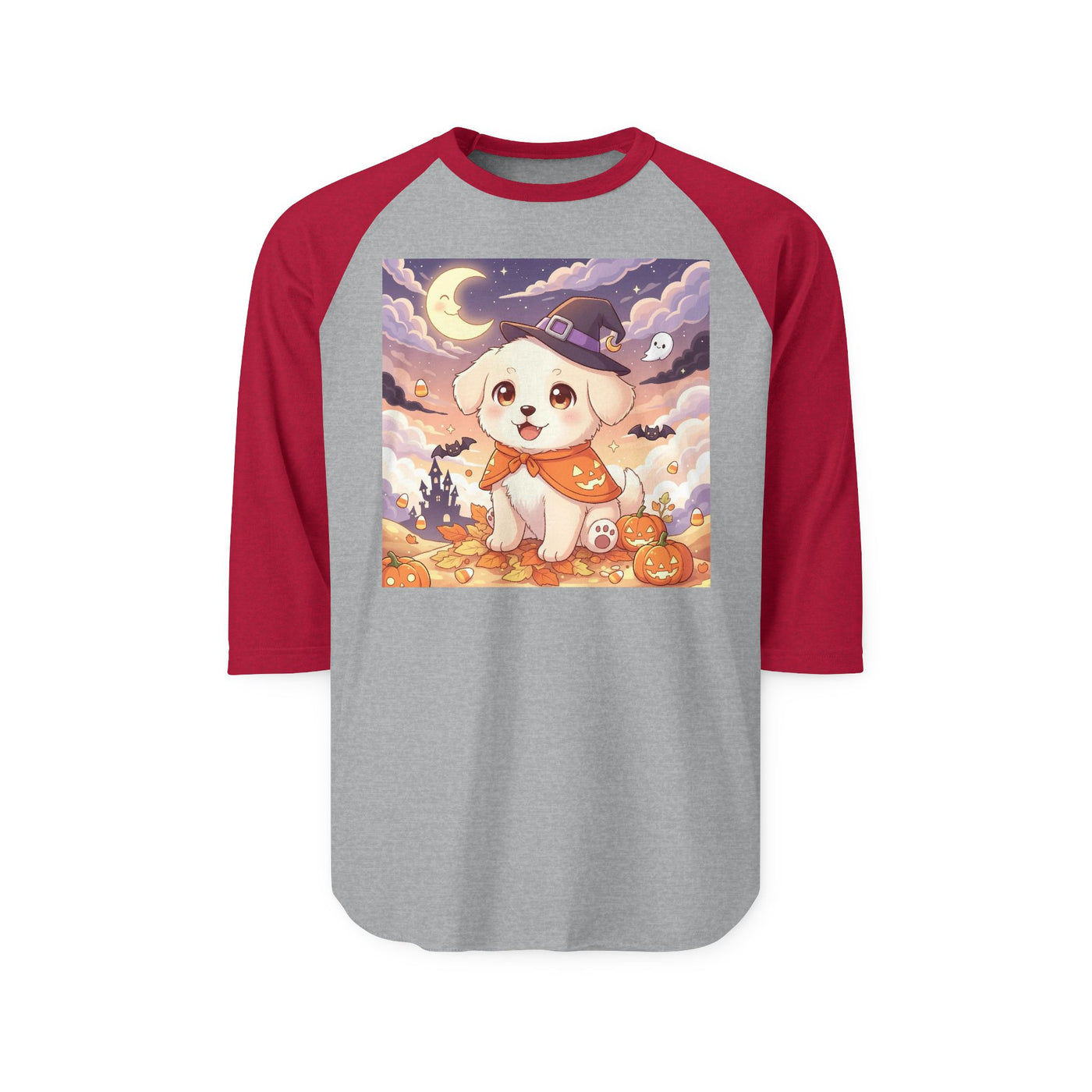 Halloween cute puppy anime style 2 Raglan Shirt, Cute Pet Shirt, Fall Apparel, Unisex Halloween Outfit, Gift for Dog Lovers, Spooky Season Tee