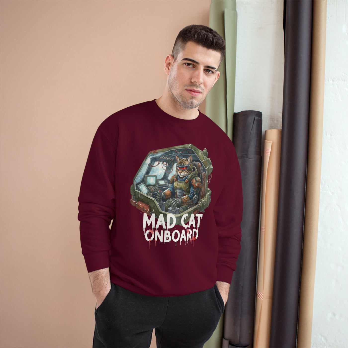 Mad Cat Onboard Graphic style 1 Champion Crewneck Sweatshirt for Gamers & Sci‑Fi Fans