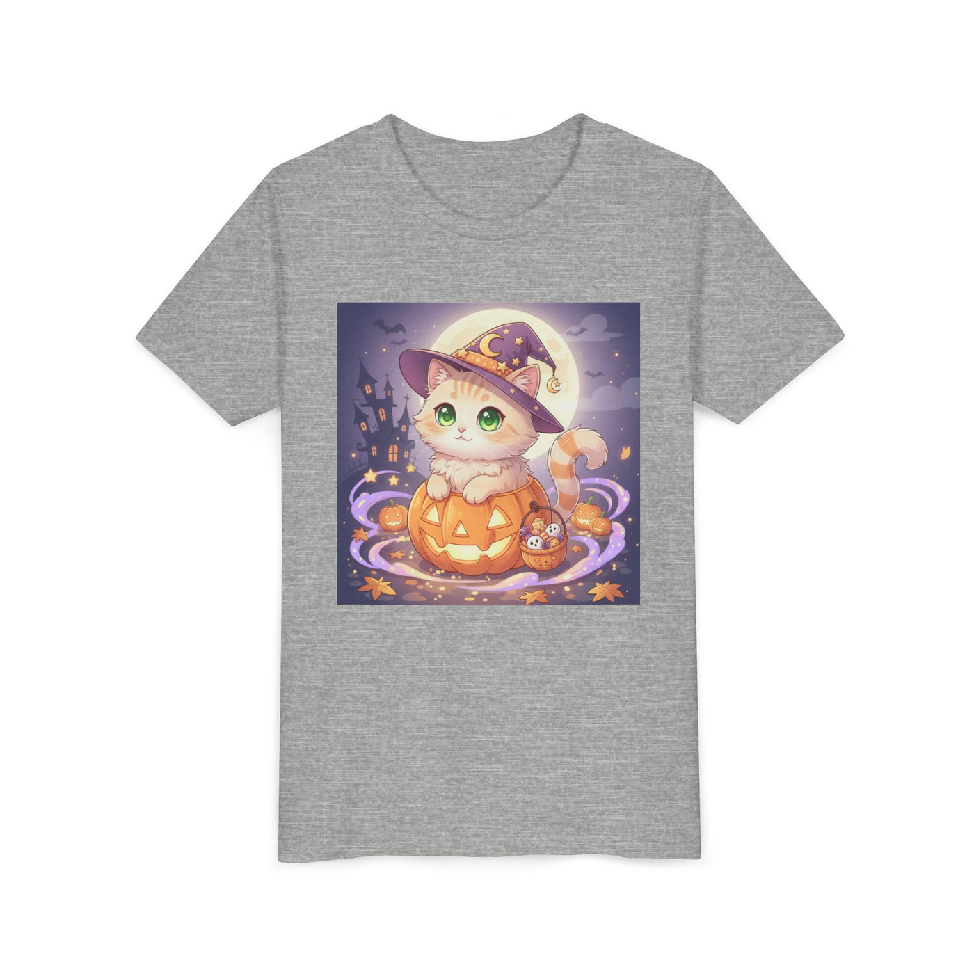 Halloween cute kitten anime style 4 Unisex Youth Tee | T-Shirt, Cute Pumpkin Shirt, Kids Halloween Outfit, Cat Lover Gift, Fun Fall Apparel