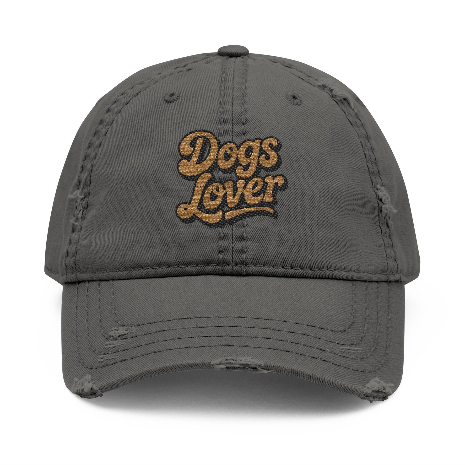 Dogs Lover Distressed Embroidered Cap Dad Hat Brown Words with a faded look and soft crown design.