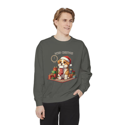 Cute Puppy waiting for Christmas presents style 1 Cozy Graphic Unisex Crewneck Sweatshirt