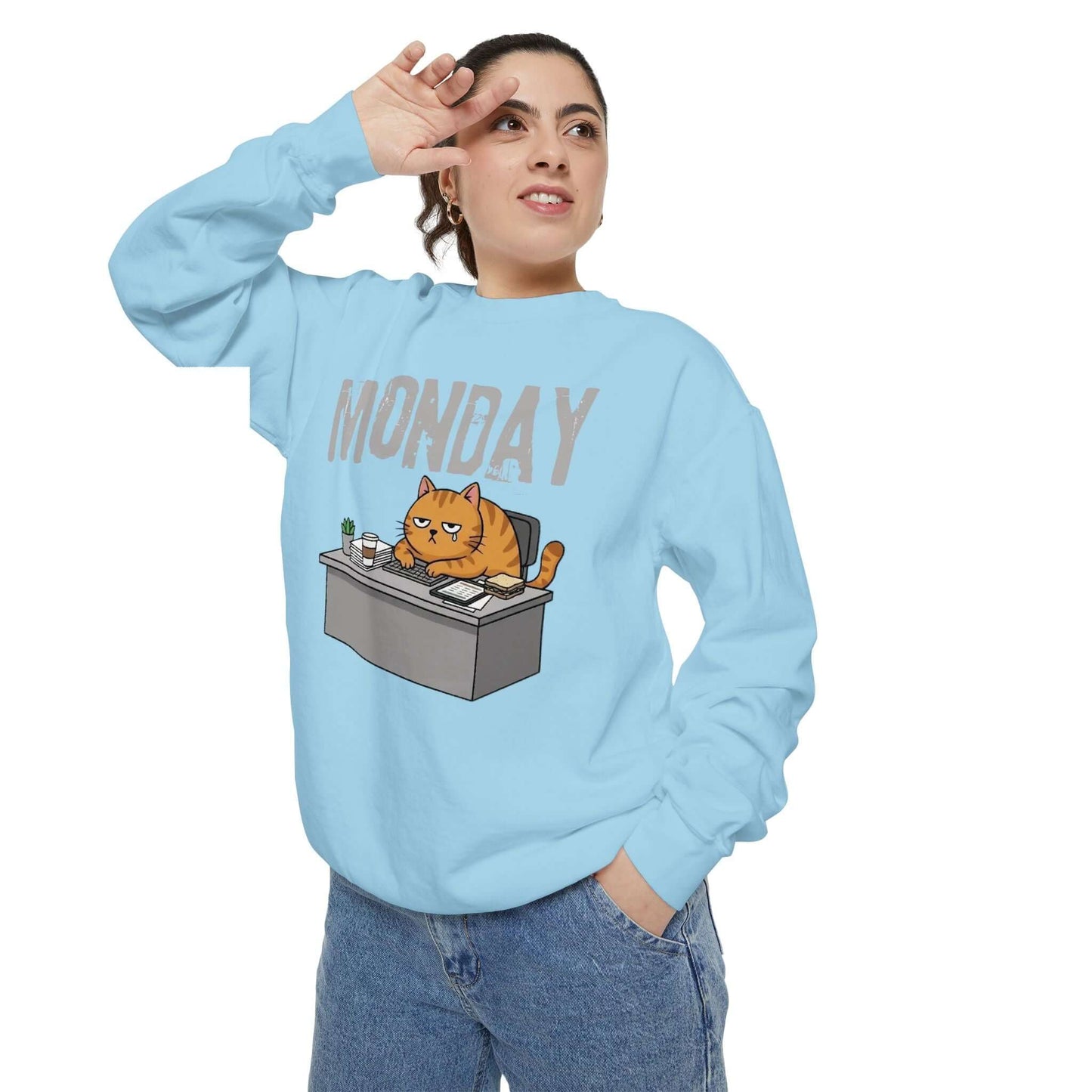Monday Face Cat Stares Blankly Unisex Crewneck Sweatshirt in blue, featuring a grumpy cat under a 'MONDAY' banner.