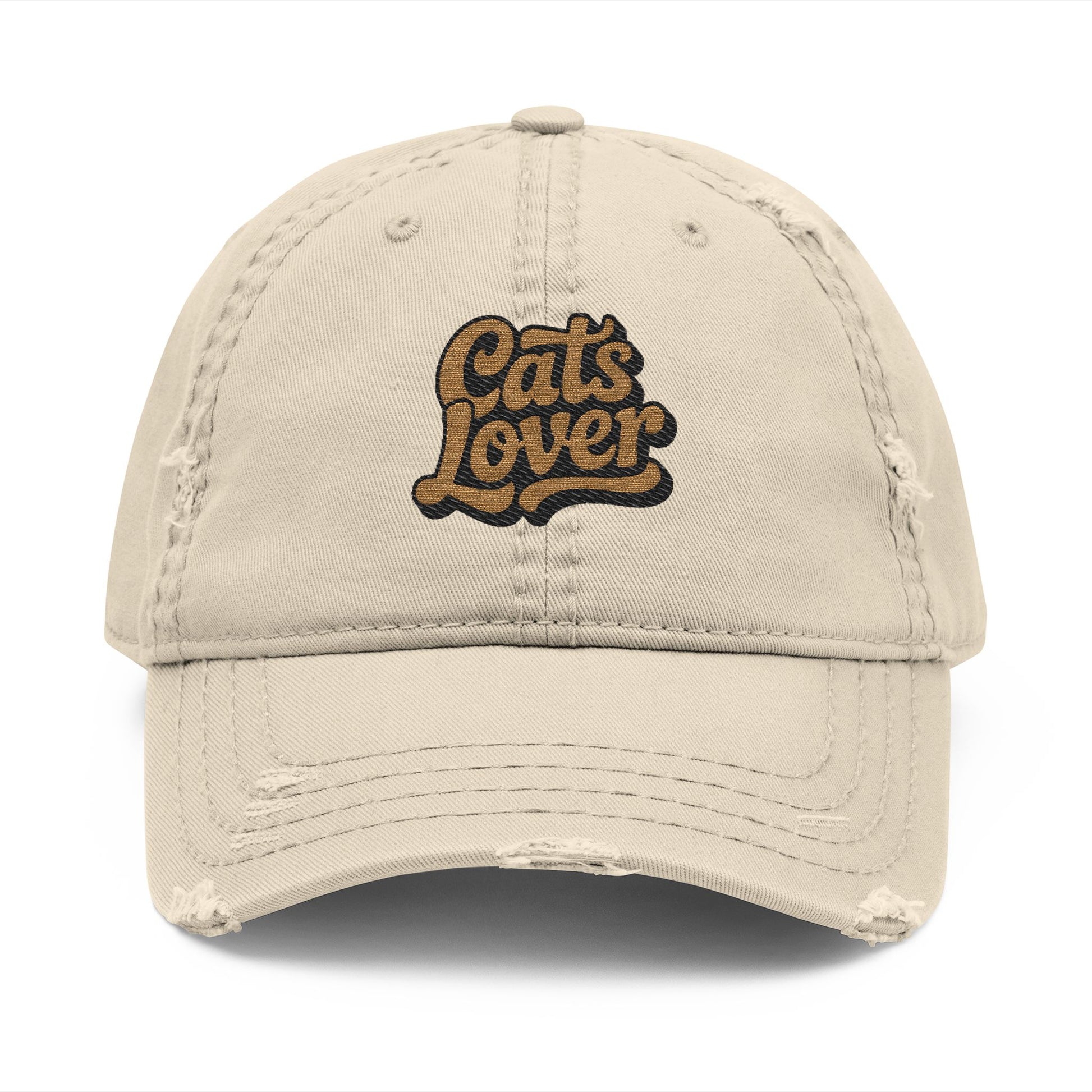 Cats Lover Distressed Embroidered Cap Dad Hat Brown Words in beige with worn details and embroidered lettering.