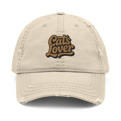 Cats Lover Distressed Embroidered Cap Dad Hat Brown Words in beige with worn details and embroidered lettering.