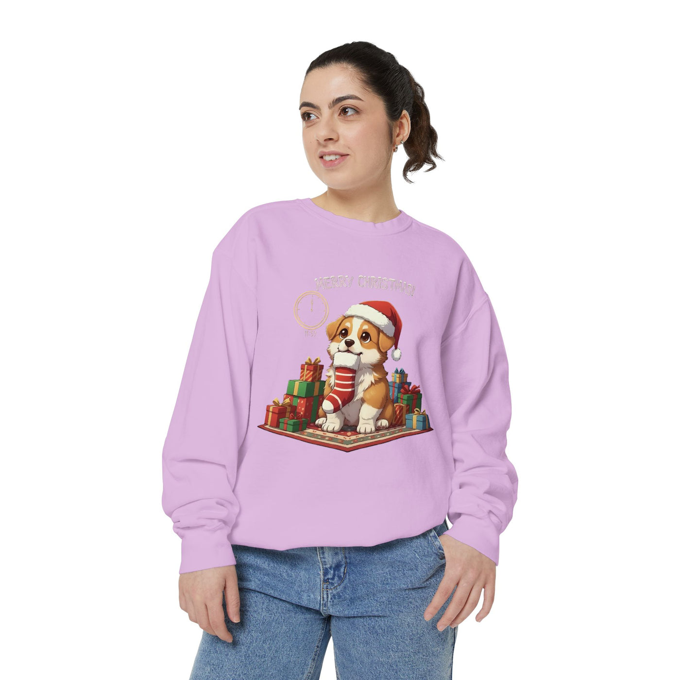 Cute Puppy waiting for Christmas presents style 1 Cozy Graphic Unisex Crewneck Sweatshirt
