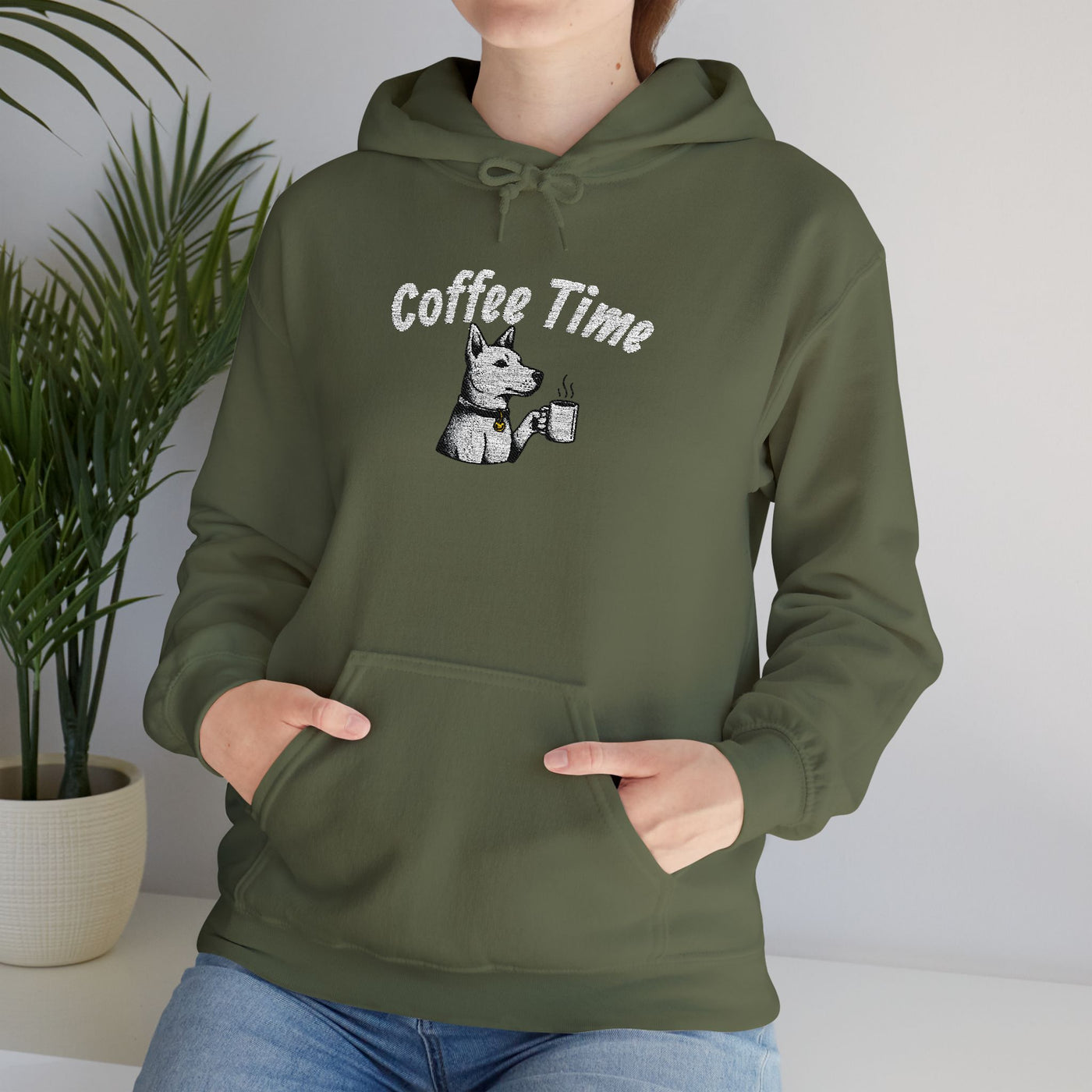 Coffee Time Dog Embroidered style 1 Unisex Pullover Hoodie