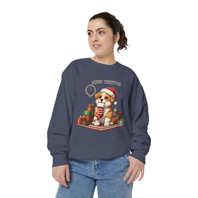 Cute Puppy waiting for Christmas presents style 1 Cozy Graphic Unisex Crewneck Sweatshirt