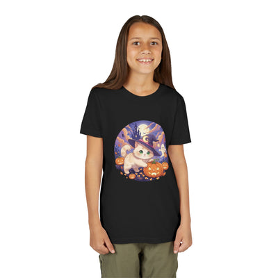Halloween cute kitten anime style 5 Unisex Youth Tee | T-Shirt, Cute Pumpkin Shirt, Kids Halloween Outfit, Cat Lover Gift, Fun Fall Apparel