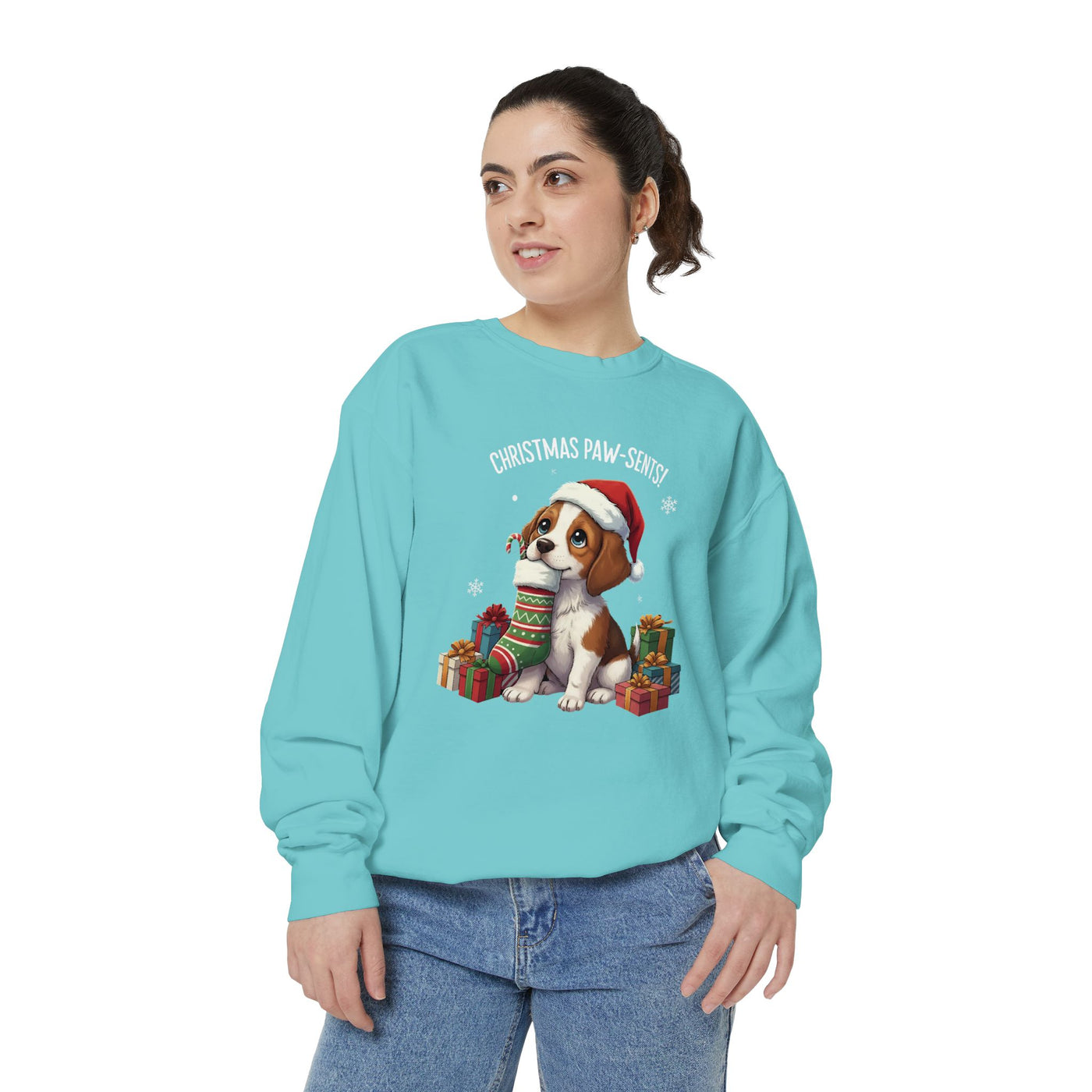 Cute Puppy waiting for Christmas presents style 3 Cozy Graphic Unisex Crewneck Sweatshirt