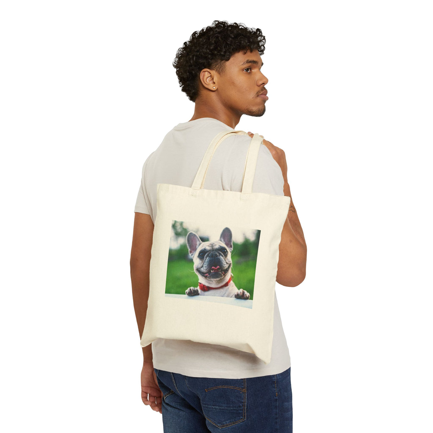 Puppy on the fence - French Bulldog Canvas Tote Bag, Pet Lover Gift, Eco-Friendly Shopping Bag, Cute Dog Tote, Gift for Dog Owners