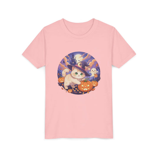 Halloween cute kitten anime style 5 Unisex Youth Tee | T-Shirt, Cute Pumpkin Shirt, Kids Halloween Outfit, Cat Lover Gift, Fun Fall Apparel