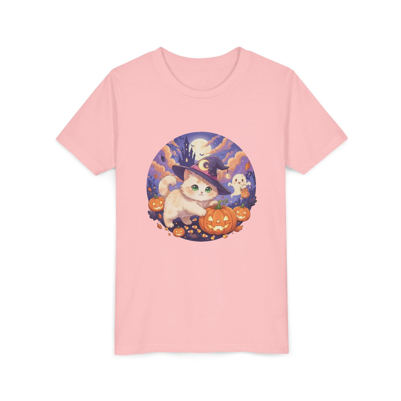 Halloween cute kitten anime style 5 Unisex Youth Tee | T-Shirt, Cute Pumpkin Shirt, Kids Halloween Outfit, Cat Lover Gift, Fun Fall Apparel