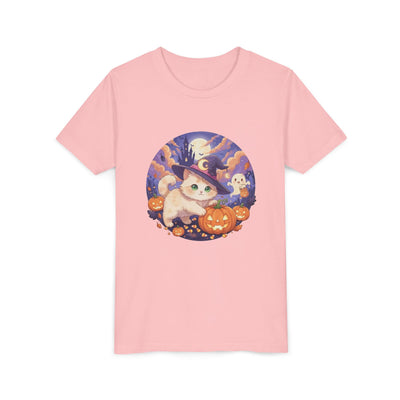 Halloween cute kitten anime style 5 Unisex Youth Tee | T-Shirt, Cute Pumpkin Shirt, Kids Halloween Outfit, Cat Lover Gift, Fun Fall Apparel