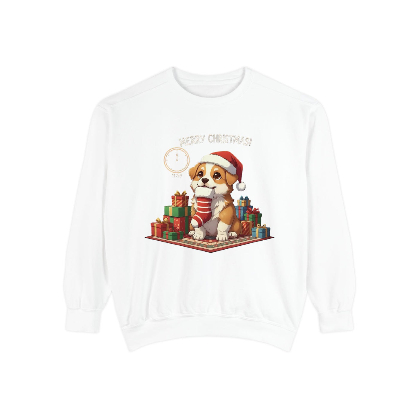 Cute Puppy waiting for Christmas presents style 1 Cozy Graphic Unisex Crewneck Sweatshirt