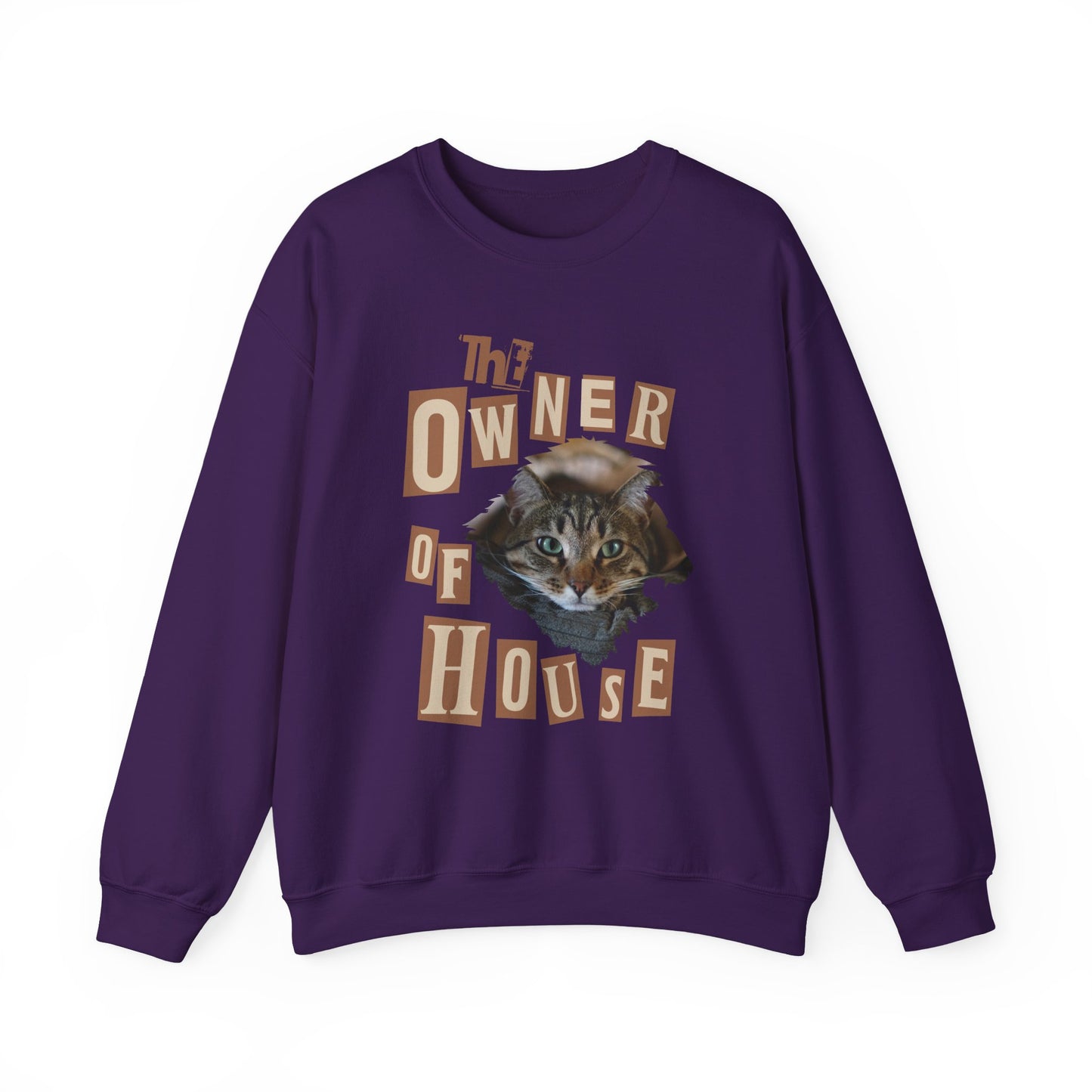 Cat is The Owner of House Unisex Crewneck Sweatshirt in purple with embroidered cat design and vintage lettering.