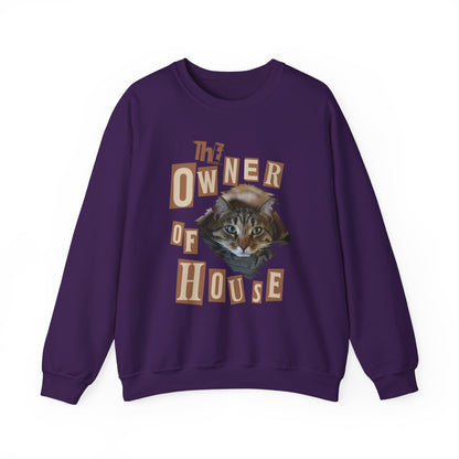 Cat is The Owner of House Unisex Crewneck Sweatshirt in purple with embroidered cat design and vintage lettering.