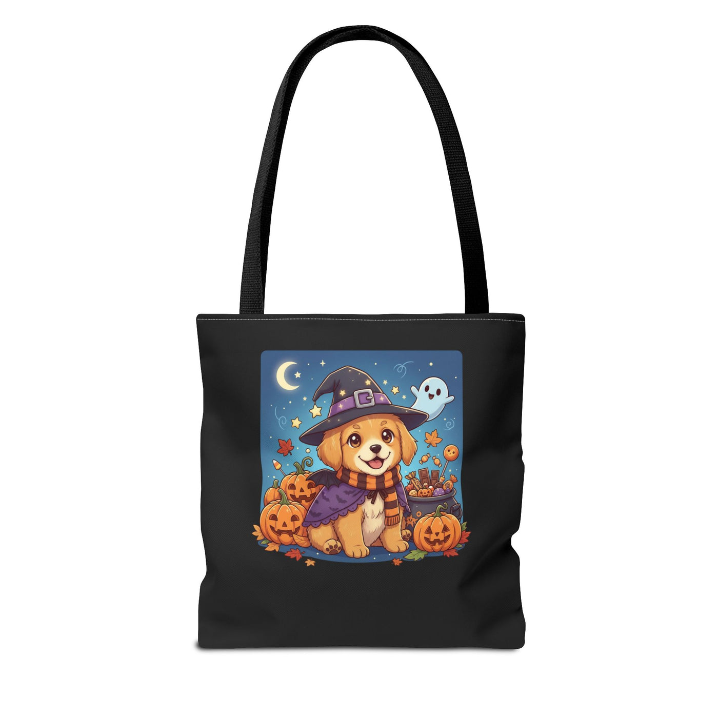 Adorable Halloween Puppy anime style Tote Bag, Pumpkin Lover Gift, Cute Dog Design, Witch Theme, Eco-Friendly Shopping Bag