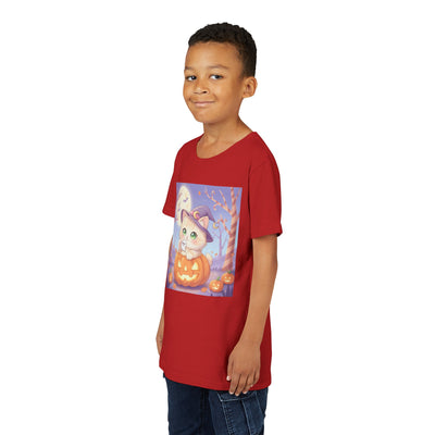 Halloween cute kitten anime style 1 Unisex Youth Tee | T-Shirt, Cute Pumpkin Shirt, Kids Halloween Outfit, Cat Lover Gift, Fun Fall Apparel