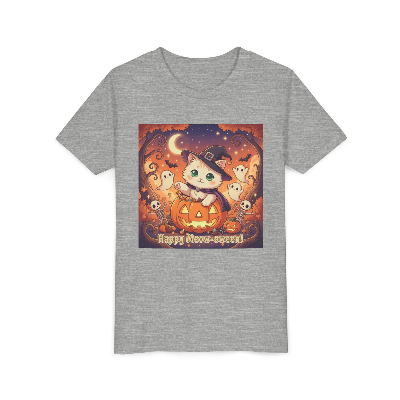 Halloween cute kitten anime style 6 Unisex Youth Tee | T-Shirt, Cute Pumpkin Shirt, Kids Halloween Outfit, Cat Lover Gift, Fun Fall Apparel