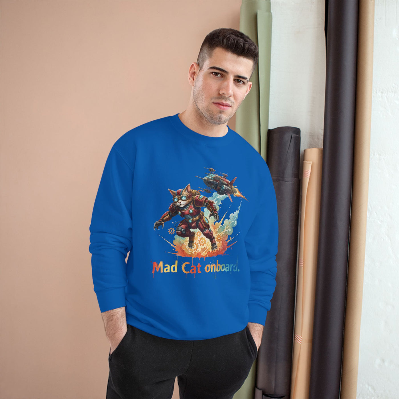 Mad Cat Onboard Graphic style 2 Champion Crewneck Sweatshirt for Gamers & Sci‑Fi Fans