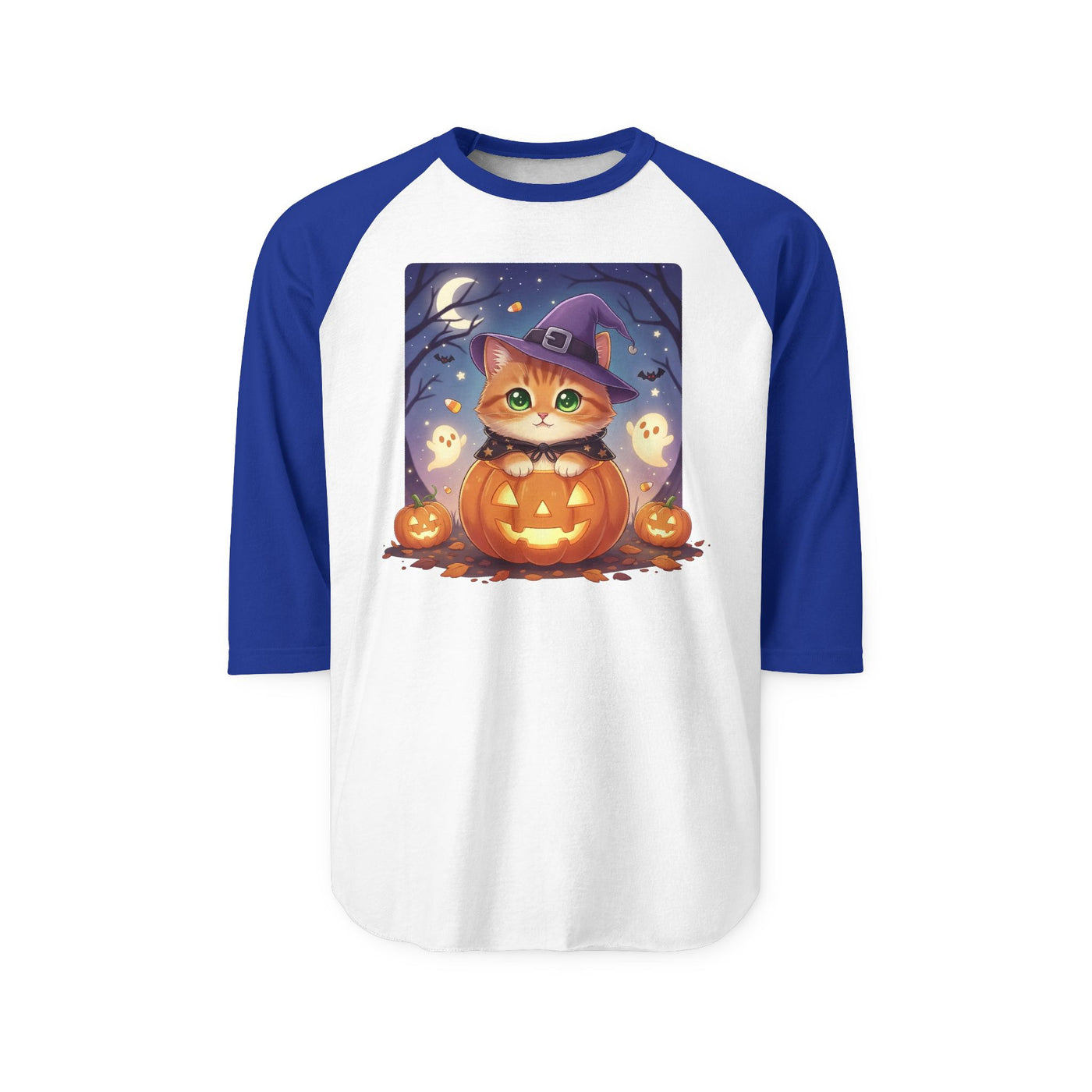 Halloween cute kitten anime style 7 Raglan Shirt, Unisex Halloween Top, Pumpkin Cat Shirt, Cute Cat Tee, Spooky Casual Wear