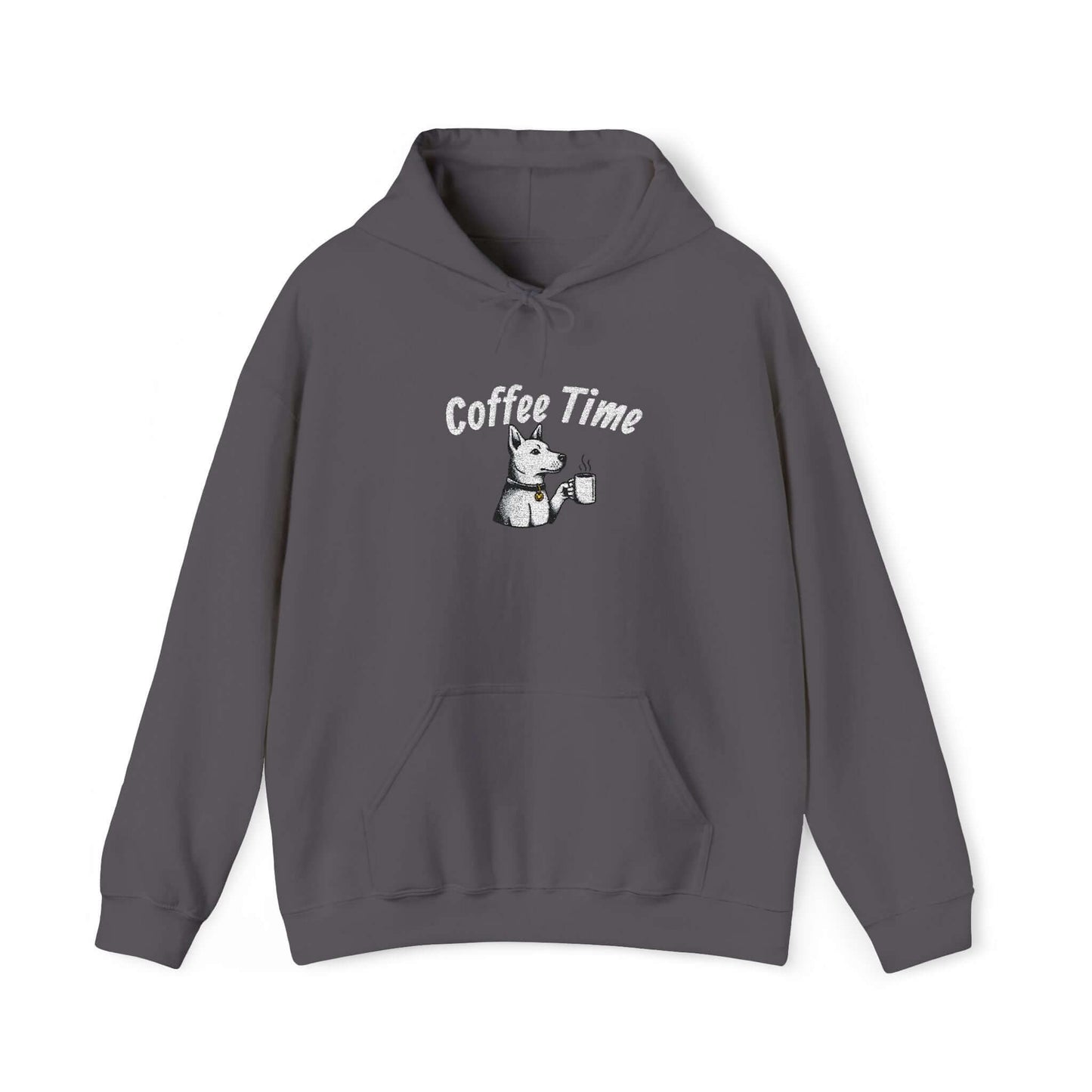 Coffee Time Dog Embroidered Unisex Pullover Hoodie in gray featuring a cute dog graphic with a steaming cup.