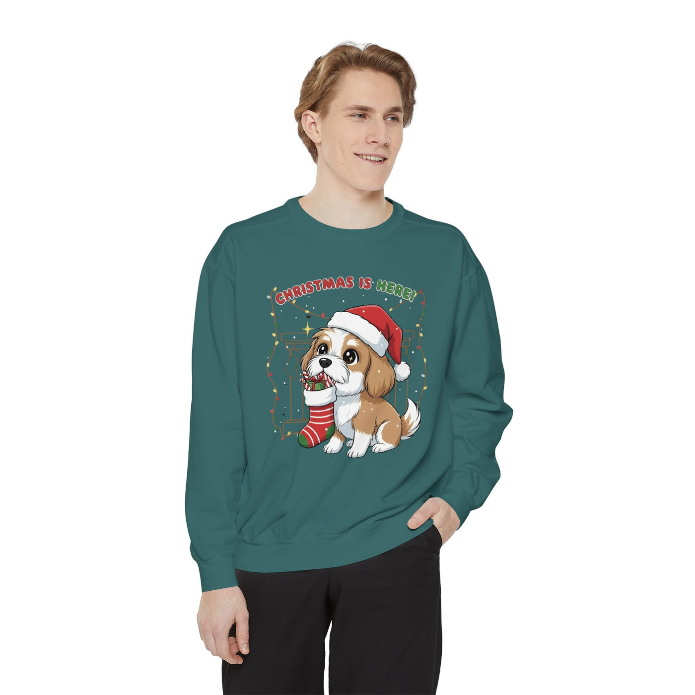 Cute Puppy waiting for Christmas presents style 5 Cozy Graphic Unisex Crewneck Sweatshirt