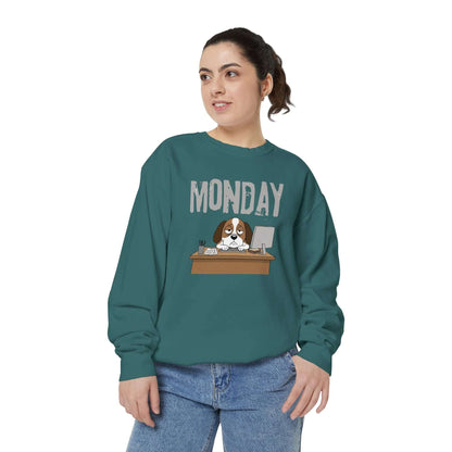 Monday Face Dog Stares Blankly Unisex Crewneck Sweatshirt, model wearing relaxed-fit sweatshirt with dog design.