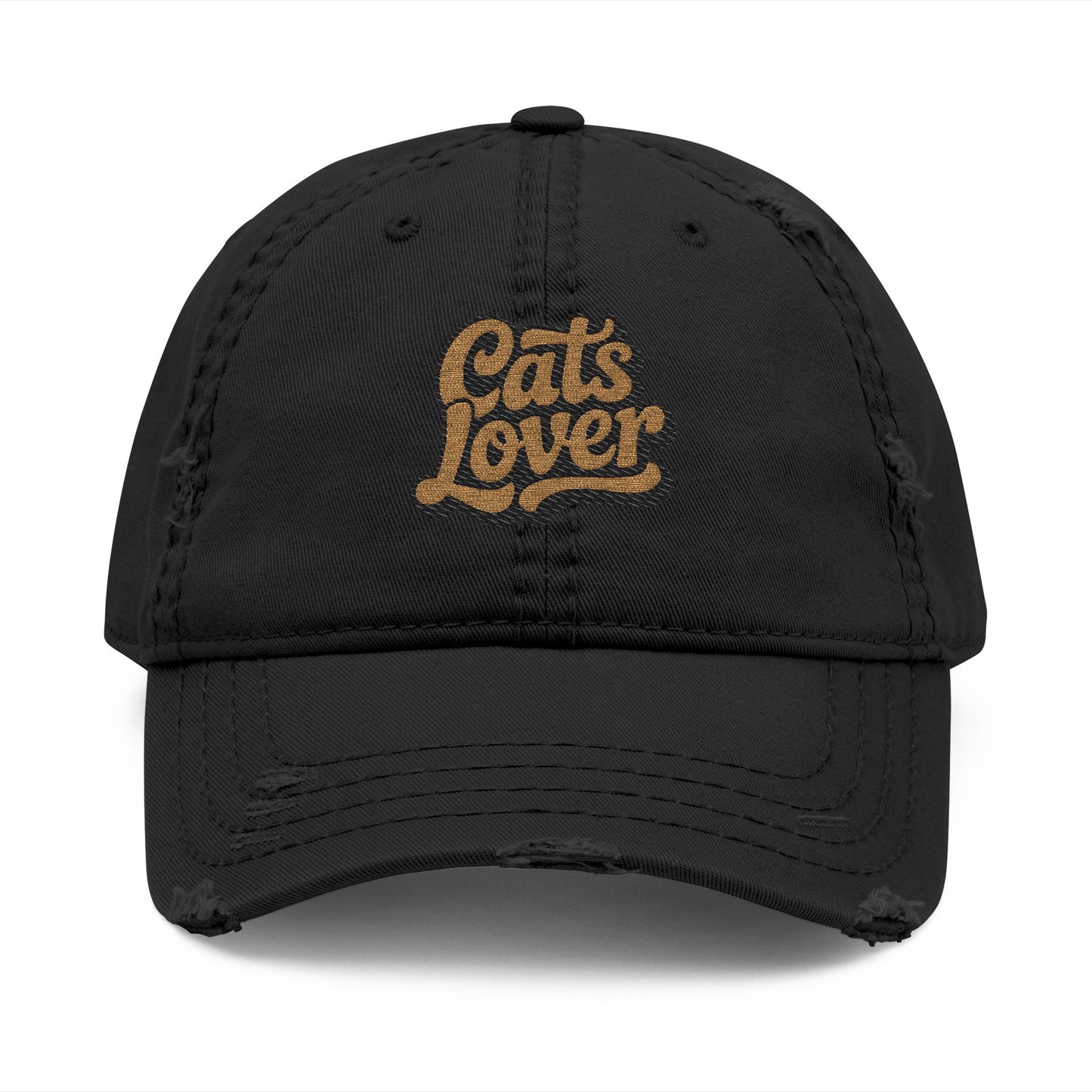 Cats Lover Distressed Embroidered Cap Dad Hat Brown Words with faded look and embroidered text.