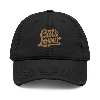 Cats Lover Distressed Embroidered Cap Dad Hat Brown Words with faded look and embroidered text.