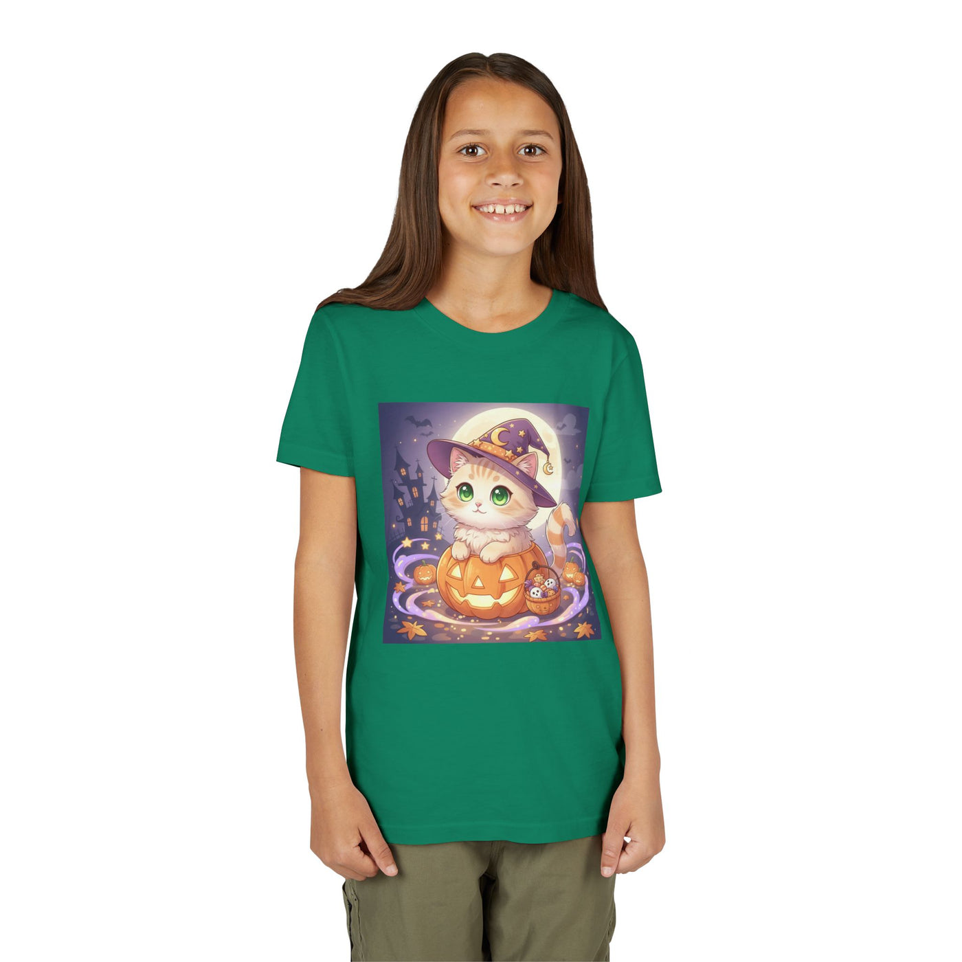 Halloween cute kitten anime style 4 Unisex Youth Tee | T-Shirt, Cute Pumpkin Shirt, Kids Halloween Outfit, Cat Lover Gift, Fun Fall Apparel