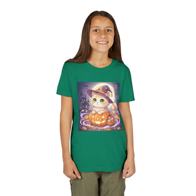 Halloween cute kitten anime style 4 Unisex Youth Tee | T-Shirt, Cute Pumpkin Shirt, Kids Halloween Outfit, Cat Lover Gift, Fun Fall Apparel
