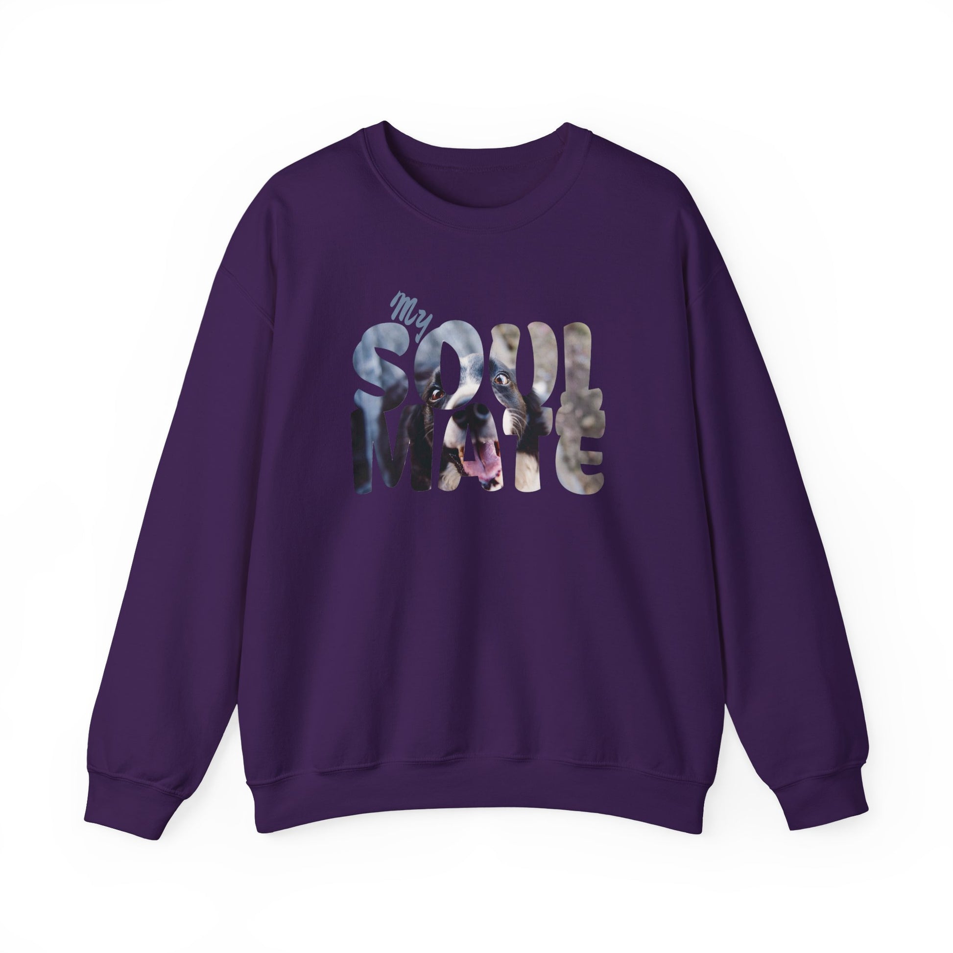 Dog My Soulmate Unisex Crewneck Sweatshirt featuring "My SOULMATE" in colorful lettering on a purple background.