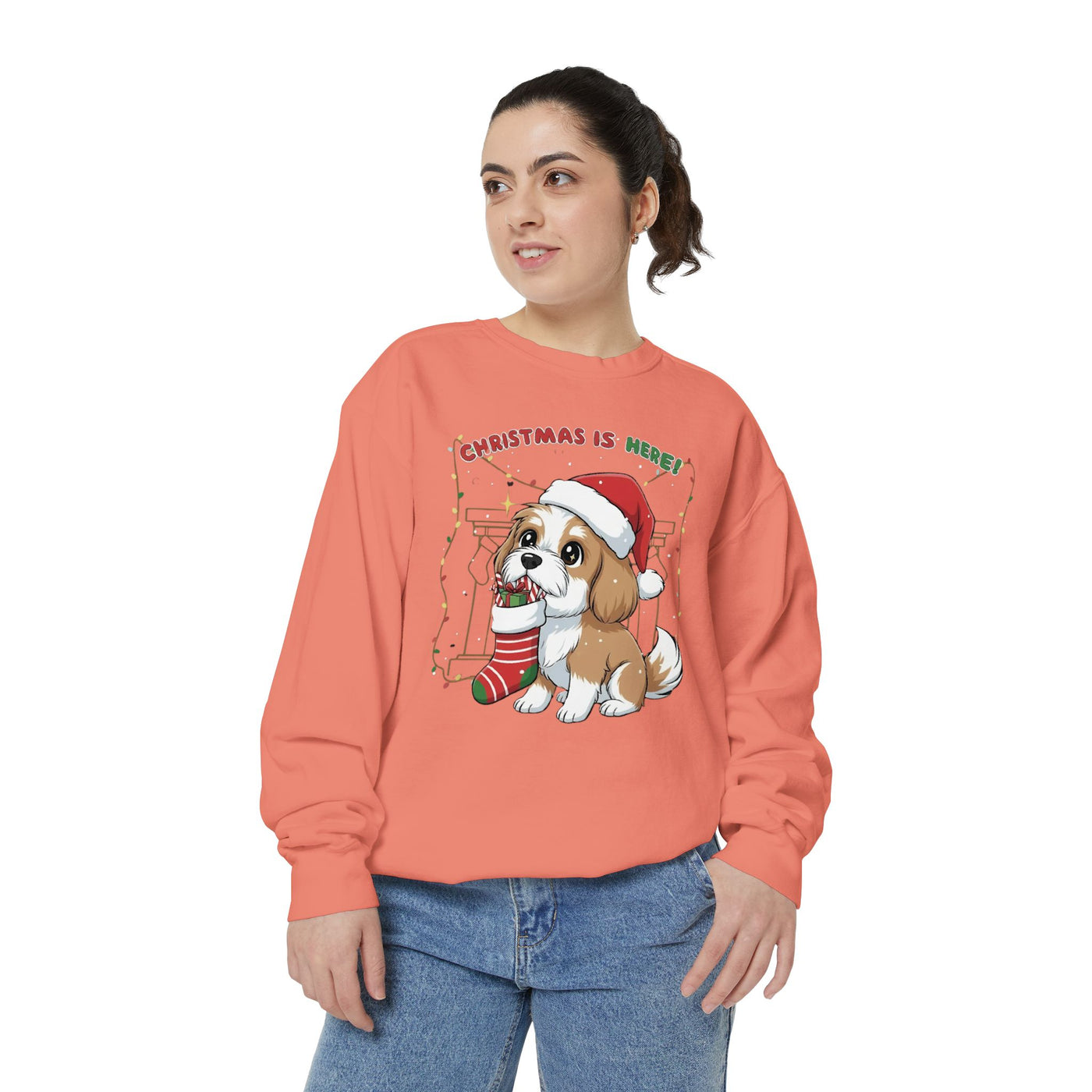 Cute Puppy waiting for Christmas presents style 5 Cozy Graphic Unisex Crewneck Sweatshirt