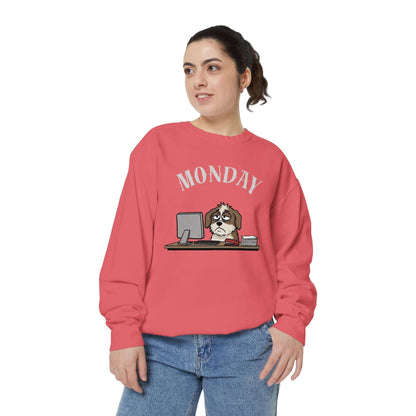 Monday Face Dog Stares Blankly Unisex Crewneck Sweatshirt with cartoon dog and MONDAY banner.