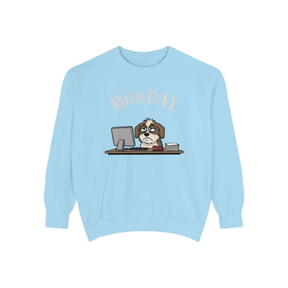 Monday Face Dog Stares Blankly Unisex Crewneck Sweatshirt design featuring a dog at a desk under a 'MONDAY' banner.