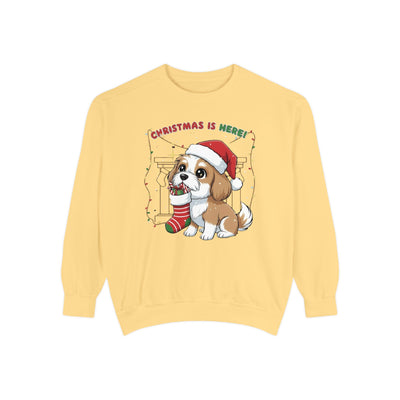 Cute Puppy waiting for Christmas presents style 5 Cozy Graphic Unisex Crewneck Sweatshirt
