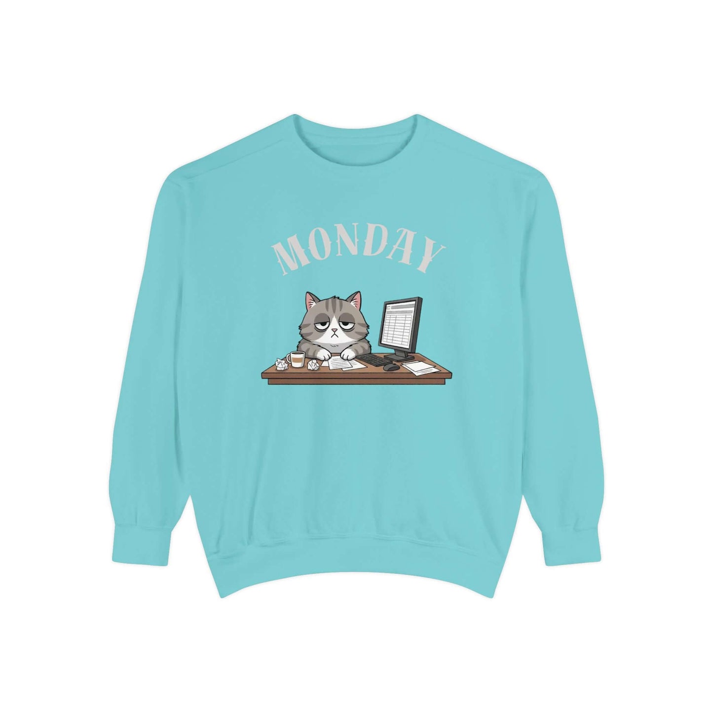 Monday Face Cat Stares Blankly Unisex Crewneck Sweatshirt featuring a cat and a 'MONDAY' banner.