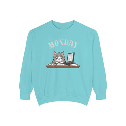 Monday Face Cat Stares Blankly Unisex Crewneck Sweatshirt featuring a cat and a 'MONDAY' banner.