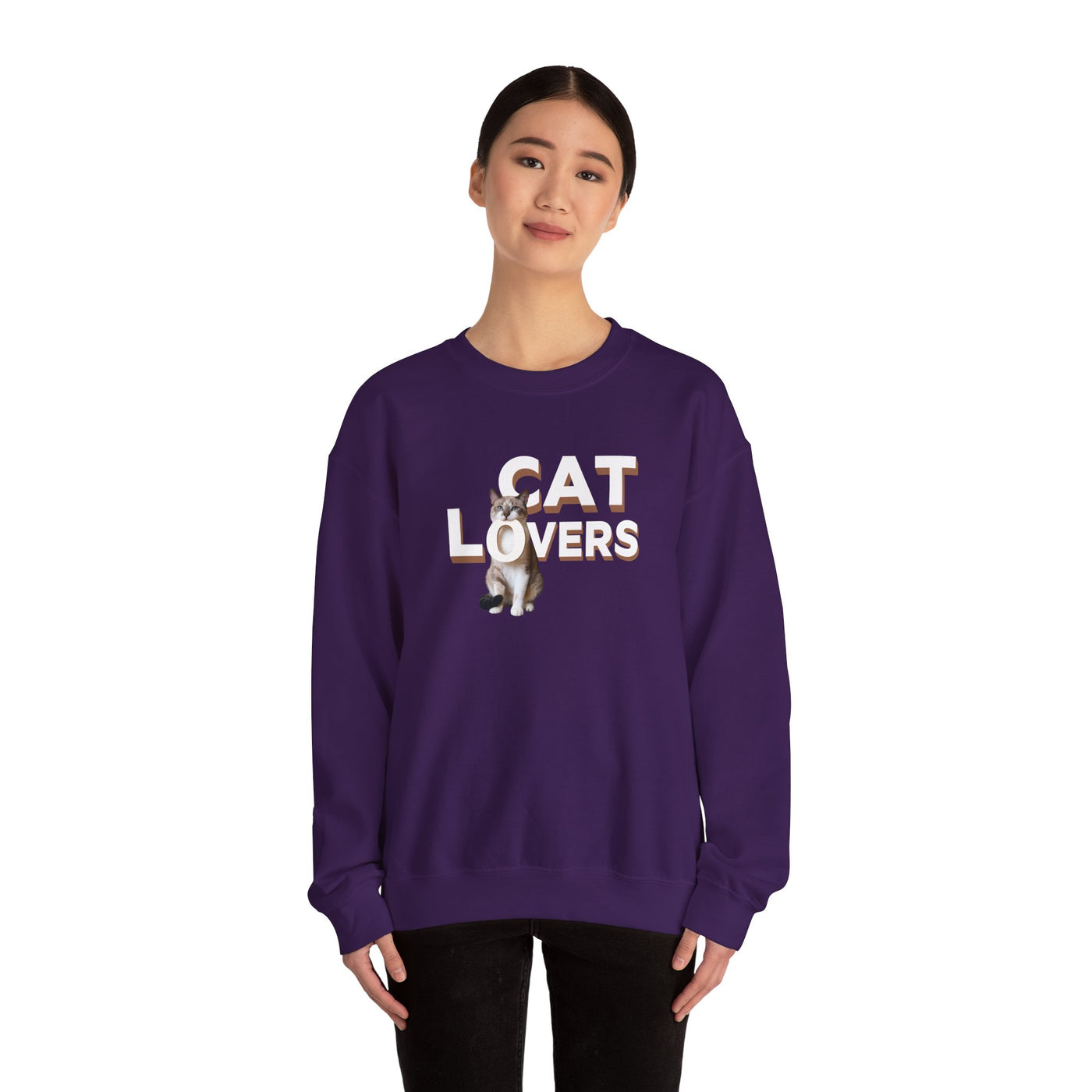cat lovers cute kitten sweatshirt featuring a purple crewneck with adorable cat graphics.