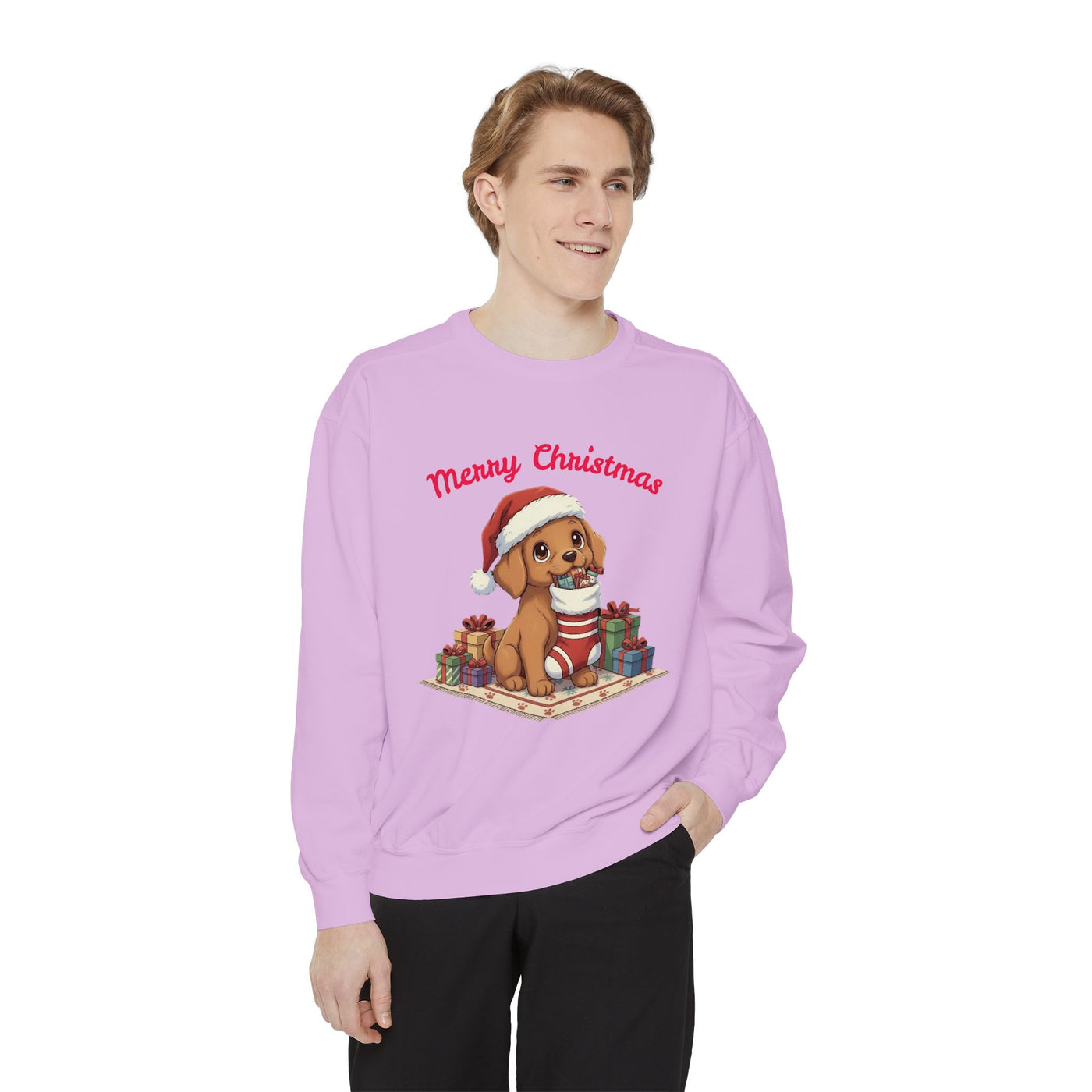 Cute Puppy waiting for Christmas presents style 2 Cozy Graphic Unisex Crewneck Sweatshirt