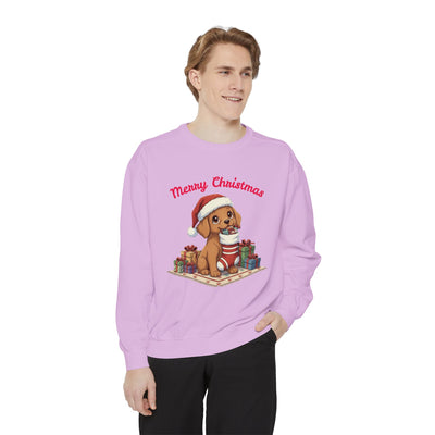 Cute Puppy waiting for Christmas presents style 2 Cozy Graphic Unisex Crewneck Sweatshirt