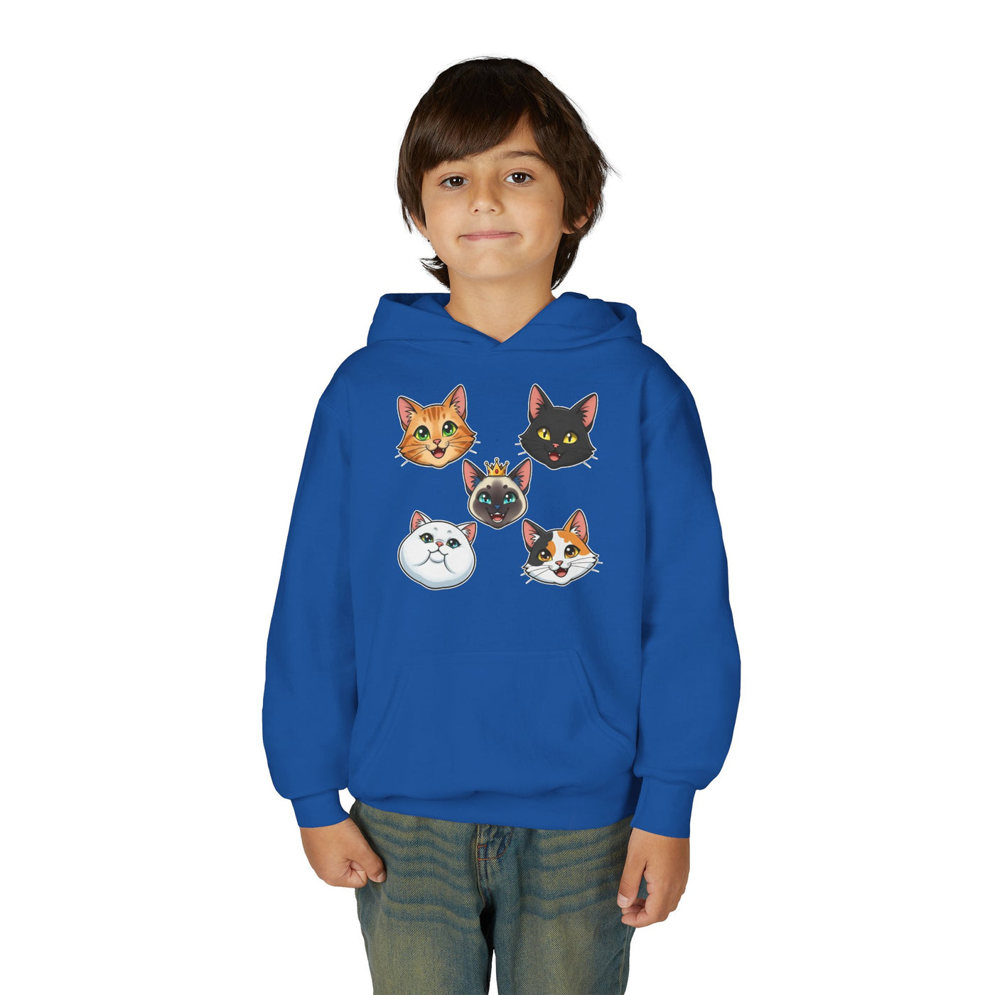 Cute Cat Heads Unisex Youth Hoodie, Fun Pet Lover Sweater, Kids Gift, Animal Lover Apparel, Perfect for Birthdays & Holidays