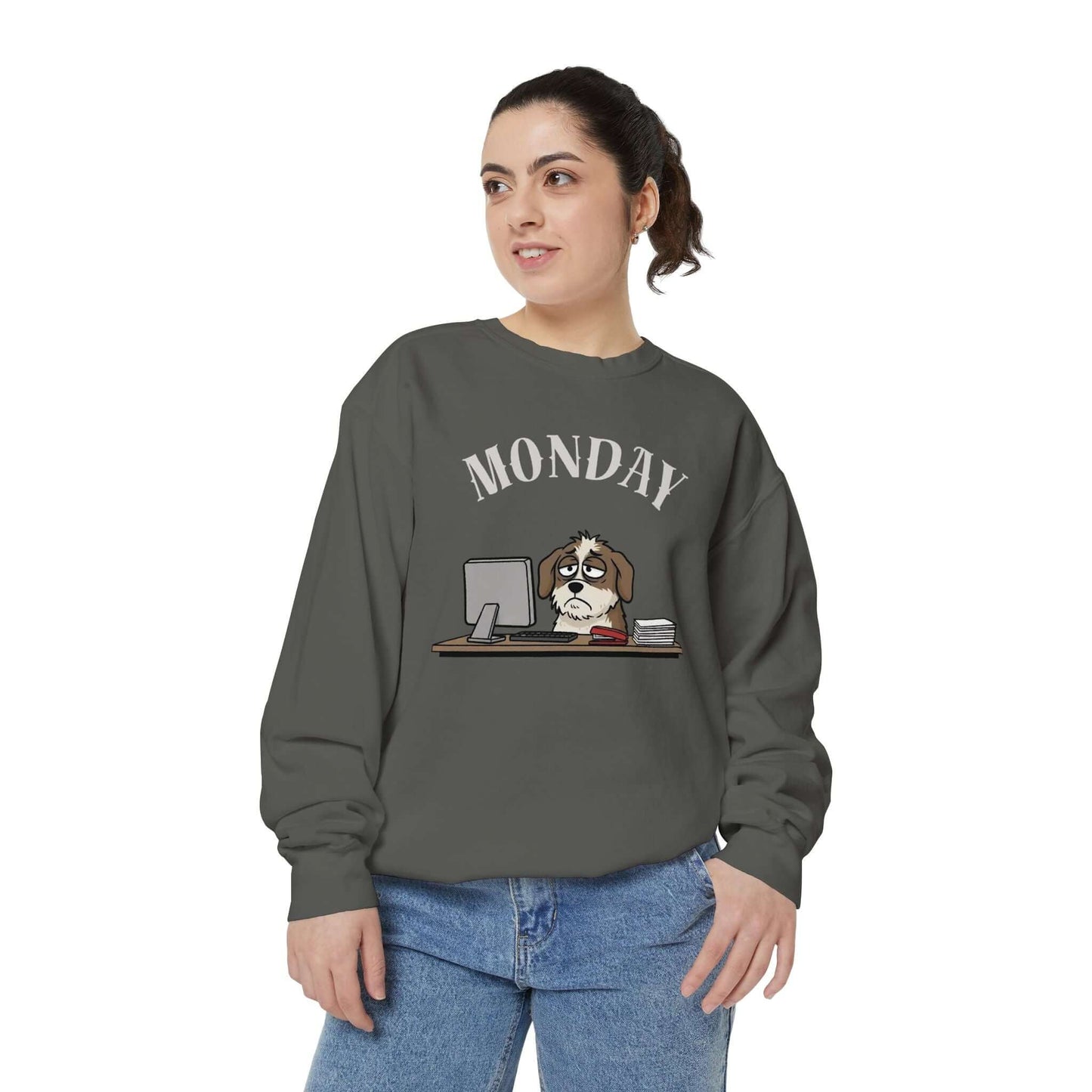 Monday Face Dog Stares Blankly Unisex Crewneck Sweatshirt with cartoon dog and computer illustration.