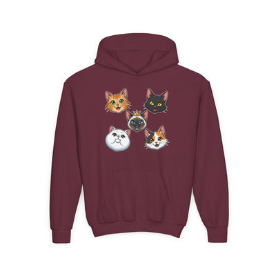 Cute Cat Heads Unisex Youth Hoodie, Fun Pet Lover Sweater, Kids Gift, Animal Lover Apparel, Perfect for Birthdays & Holidays