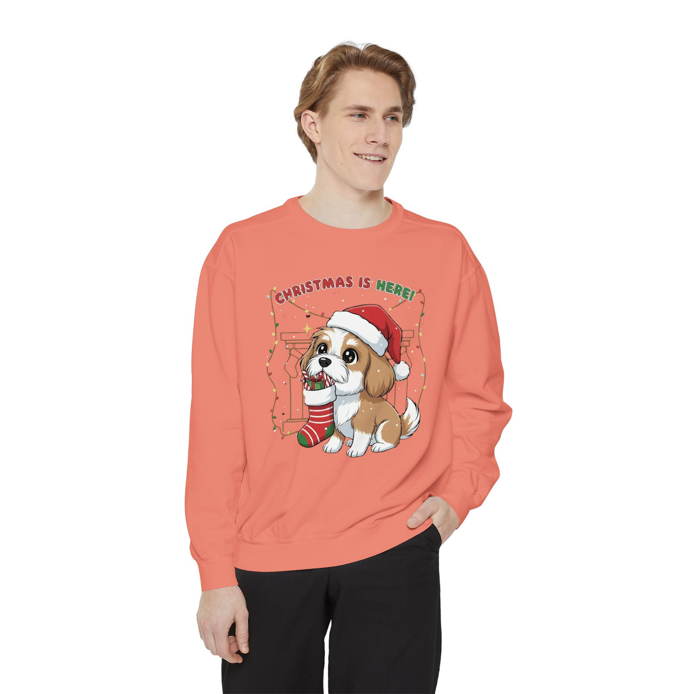 Cute Puppy waiting for Christmas presents style 5 Cozy Graphic Unisex Crewneck Sweatshirt