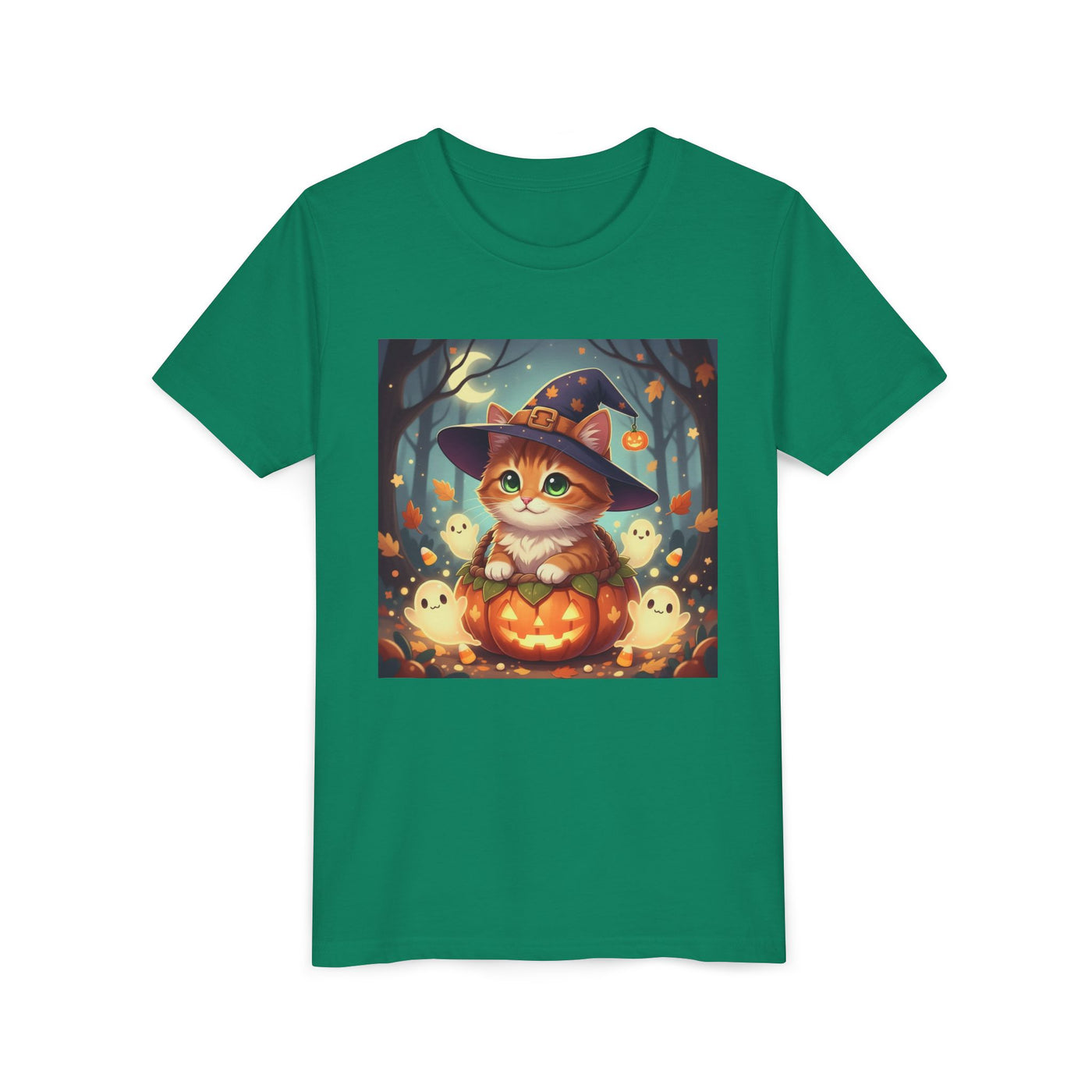 Halloween cute kitten anime style 3 Unisex Youth Tee | T-Shirt, Cute Pumpkin Shirt, Kids Halloween Outfit, Cat Lover Gift, Fun Fall Apparel
